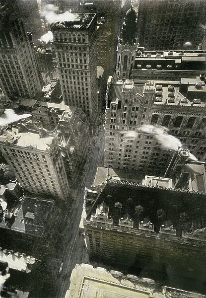 United States, New York: view of the Broadway skyscrapers taken from the top of Singer Building, New York City, 1900. Reproduction of a photograph