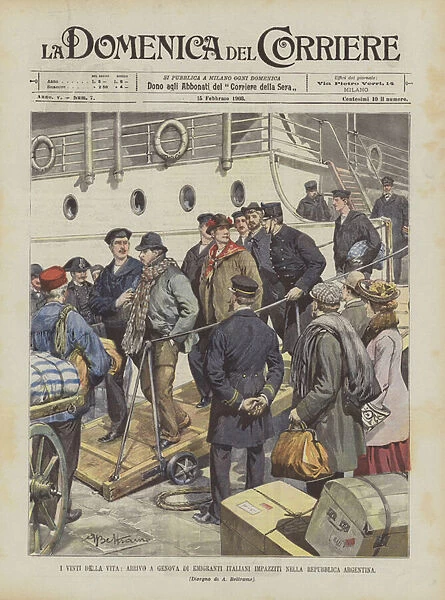 The Vanquished of Life, Arrival In Genoa Of Italian Emigrants Going Crazy In The Argentine Republic (colour litho)