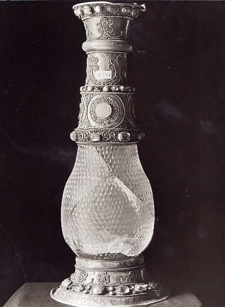Vase of Alienor, from the Treasure of Saint-Denis, Sassanid Period, 6th or 7th century with setting done in France in 12th century (crystal, gold & precious stones) (b  /  w photo) (see also 95777, 98050)