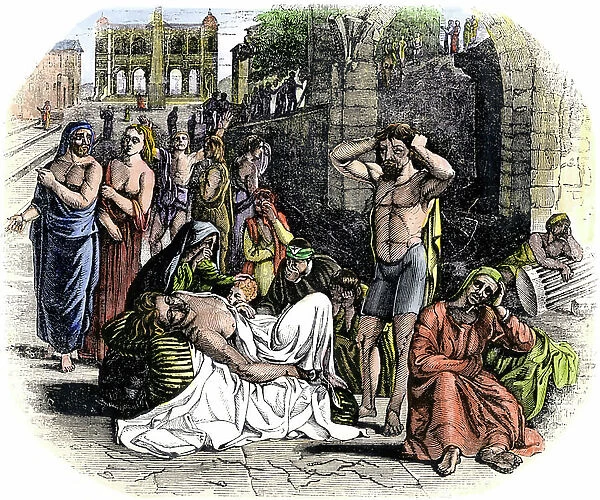 Victims of the epidemic of bubonic plague. 19th century engraving after a painting by Nicolas Poussin