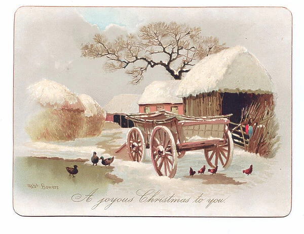 Victorian Christmas card of ducks and chicken near a pond in a farmyard, c