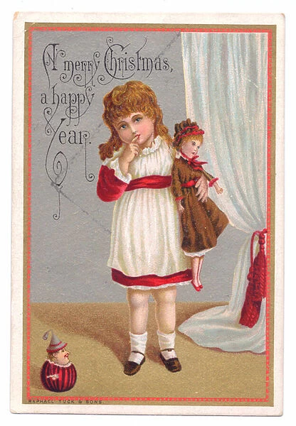 A Victorian Christmas card of a girl holding a doll, c. 1880 (colour litho)