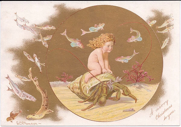 A Victorian Christmas card of a hermit crab in a shell being ridden by a water baby surrounnded by a shoal of fish, by Gertude Thompson, c. 1895 (colour litho)