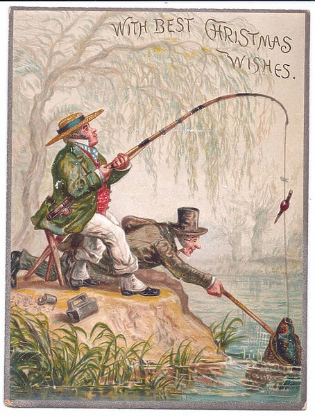 A Victorian Christmas card of two men fishing by the river, c. 1880 (colour litho)