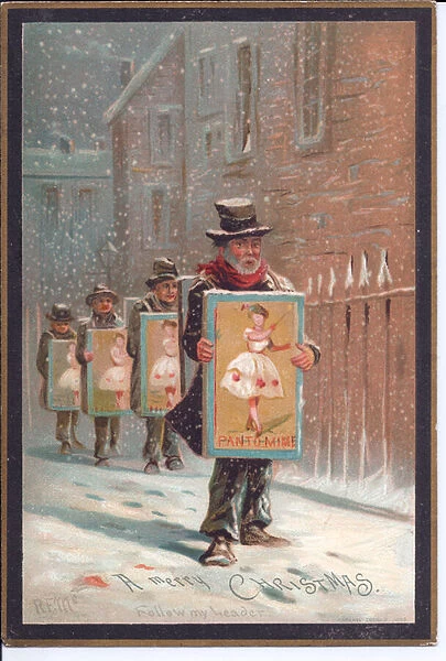 Victorian Christmas card of four men walking in the snow carrying boards advertising a