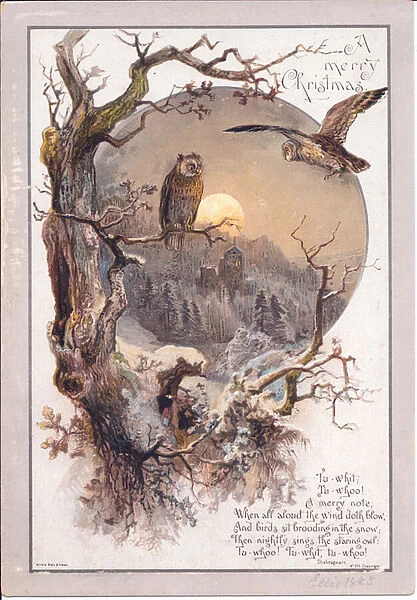 A Victorian Christmas card of an owl perched on a branch on a moonlit night, c