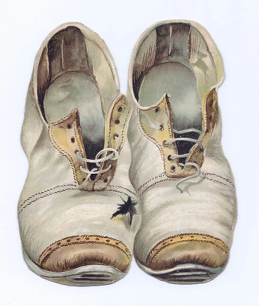 A Victorian die-cut shape greeting card of a pair of old shoes, c. 1880 (colour litho)