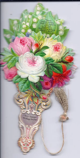 A Victorian mechanical Christmas and New Year card of flowers that spread to become a fan