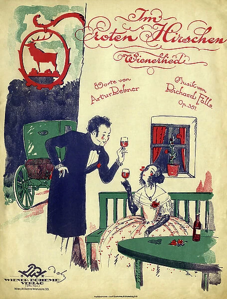 Viennese romance-early 19th century couple drinking red wine, raising a toast in the Red Deer, 1921 (print)