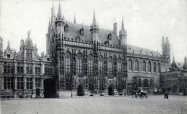 View of the Basilica of the Holy Blood and the city hall, Bruges, Belgium Postcard ca. 1910