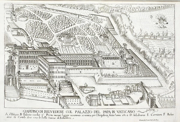 View of the Belvedere Gardens in the Papal Palace, Vatican (litho)