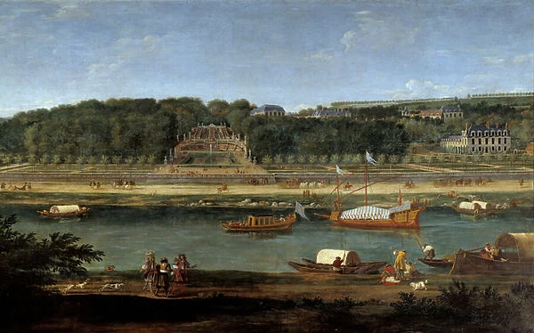 View of the castle of Saint Cloud with the royal gallery on the Seine Painting by Adam