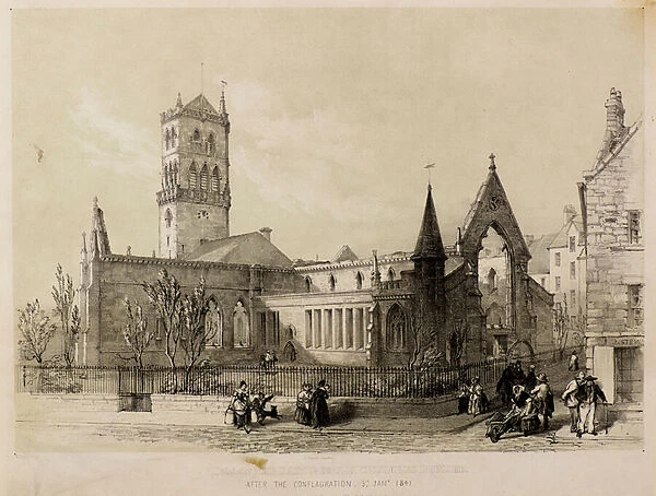 View of the East & South Churches, Dundee, after the conflagration, 3rd Jan 1841, 19th century (lithograph)