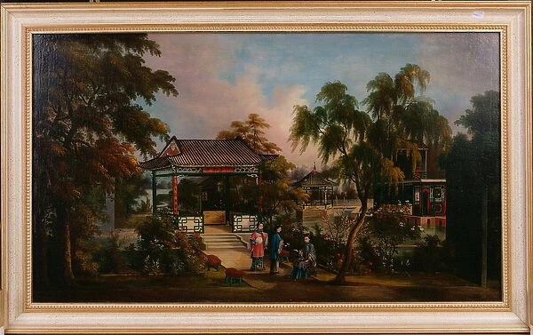 View of Howquas Garden in Canton with Ladies by a Pavillion, c. 1850 (oil on canvas)