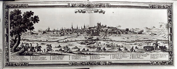View of Perpignan, southern France, c. 1645 (engraving) (b  /  w photo)
