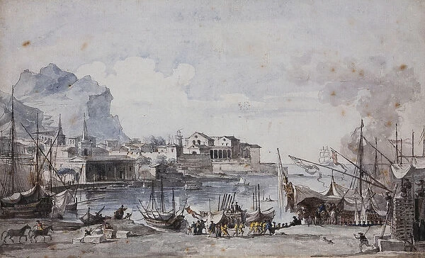 A View of the Port of Palermo, 1777 (black chalk, pen and black ink and watercolour)