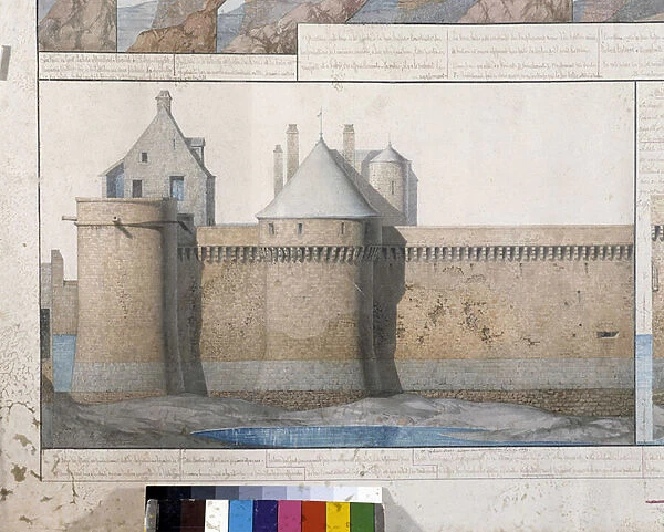 View of the ramparts, the kings tower and the tower of the arcades of Mont Saint Michel. Drawing by Emile Sagot. Municipal Museum of Avranches (Manche)