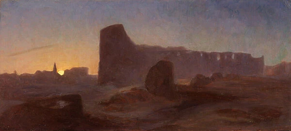 View of the Roman Coliseum at Sunset, Italy, 1865 (oil on paper, laid on Japanese paper, laid on wood)