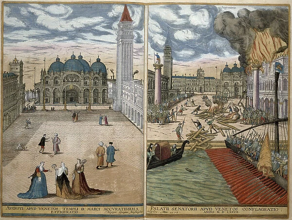 View of San Marco, and the Palazzo Ducale on fire, from Civitates Orbis Terrarum