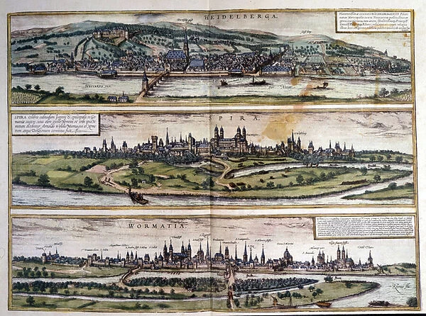 Views of three cities in Germany: Heidelberg, Spire, Worms. Atlas of Braun and Hogenberg