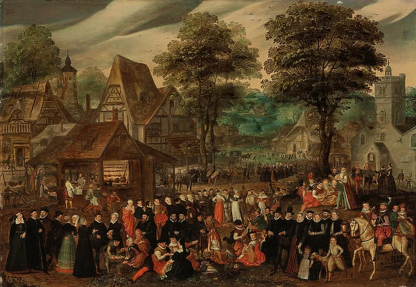 A village festival with elegantly dressed figures in procession