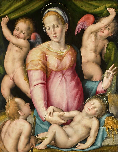 The Virgin and Child with the Infant Saint John the Baptist and two angels (oil on poplar panel)