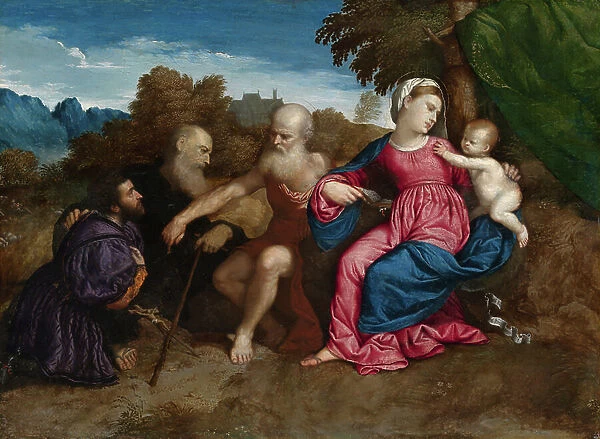 The Virgin Mary and Child with Saints Jerome and Anthony Abbot and a Donor, c. 1522 (oil on poplar panel)