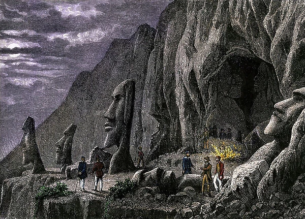Visitors to the moai statues on the flanks of the crater Rano Raraku, circa 1800 - Colorised engraving 19th century (Visitors to the moai statues on the Plain of Ronororaka, Easter Island, 1800s - Hand-colored woodcut of a 19th century illustration)