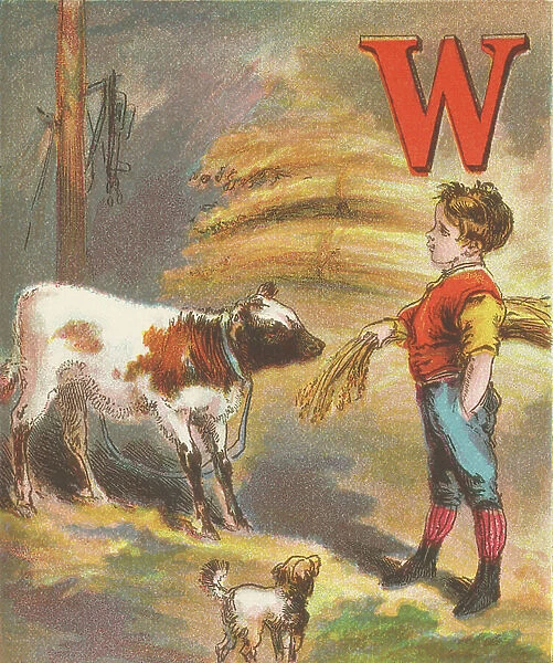 W: W for Wheat, and for Whitey, the Calf, Who Nibbles Away at the Grain and the Chaff. 1870 (illustration)