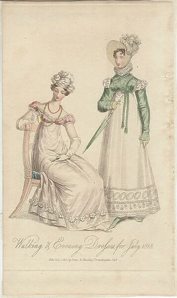 Walking and Evening Dresses for July 1818, published by Dean & Munday, 1818 (hand-coloured engraving)