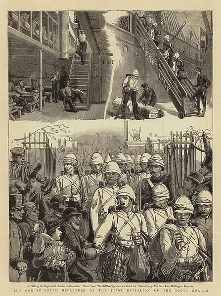 The War in Egypt, Departure of the First Battalion of the Scots Guards (engraving)