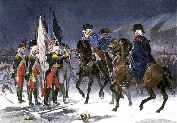War of Independence of the United States of America (1775-1783): Hessian Colonel Rahl wounds surrounds Trenton (New Jersey) to George Washington (1732-1799), December 1776. Coloured engraving of the 18th century