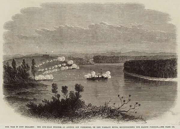 The War in New Zealand, the Gun-Boat Pioneer at Anchor off Meremere, on the Waikato River, reconnoitring the Native Position (engraving)