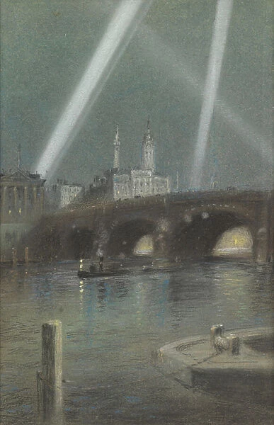 War Searchlights over London Bridge, 1917 (pastel & charcoal on blue paper)