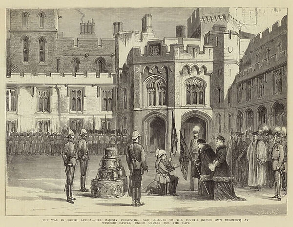 The War in South Africa, Her Majesty presenting New Colours to the Fourth (Kings Own Regiment) at Windsor Castle, under Orders for the Cape (engraving)