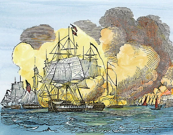War of Tripoli or War of the Barbaresque Coast (1801-1805): the bombing of Tripoli (Libya) by American ships in 1803 - Colorful engraving of a 19th century illustration - (Bombardment of Tripoli by US Navy ships during the Barbary Wars, 1803)
