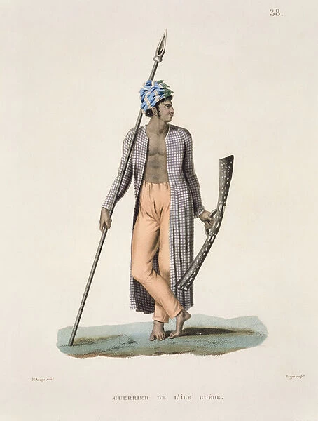 Warrior from the Island of Guebe, from Voyage autour du Monde (1817-20)