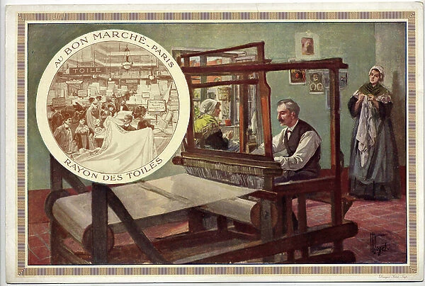 Weaving canvases, advertising for department stores '' Au bon marche'' Chromolithography of the end of the 19th century