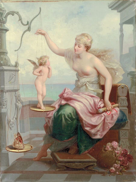Weighing Cupid Against a Butterfly (oil on canvas)