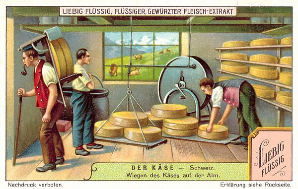 Weighing Swiss cheeses at an alpine dairy (chromolitho)
