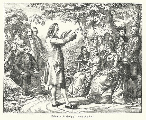 The Weimar Court of the Muses: German poet and playwright Friedrich Schiller reading at Schloss Tiefurt, with Christoph Martin Wieland, Johann Wolfgang Goethe and Johann Gottfried Herder among those listening (engraving)