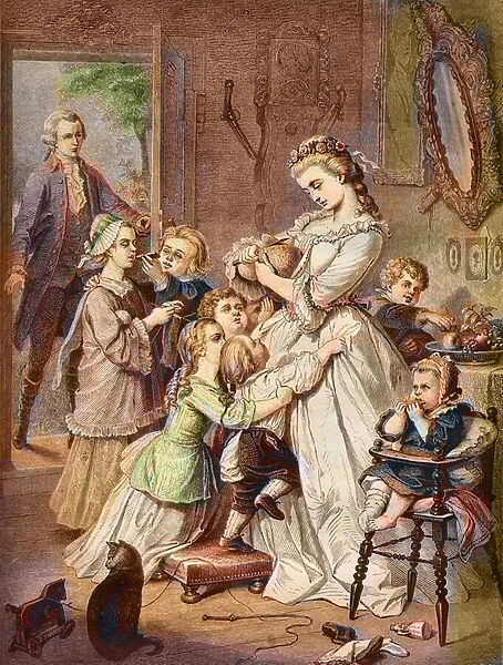 Werther surprises Charlotte surrounded by children, 1774 (engraving)