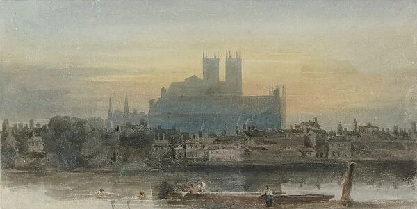 Westminster from Lambeth, c. 1813 (w  /  c over graphite with scratching out on paper)