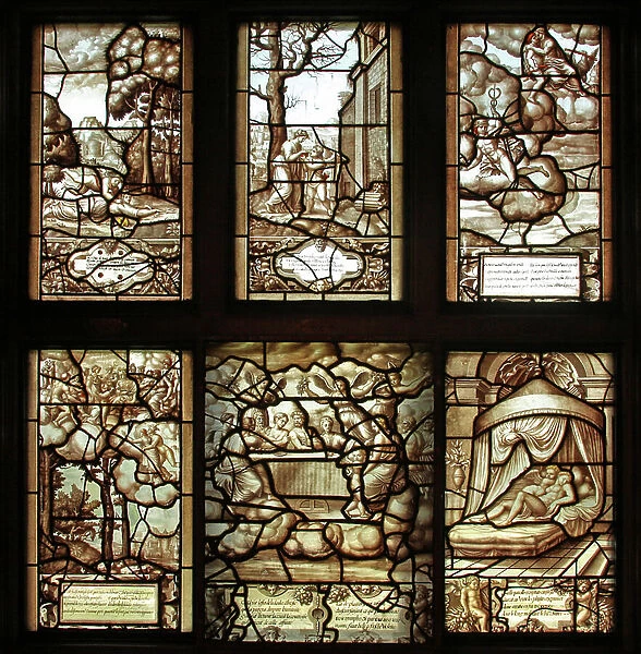 Window 7 of the story of Psyche and Cupid: Panels 37-42 in the Gallerie de Psyche (stained glass)