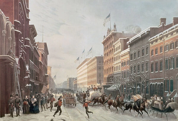 Winter Scene on Broadway, New York, 1857 (colour litho)