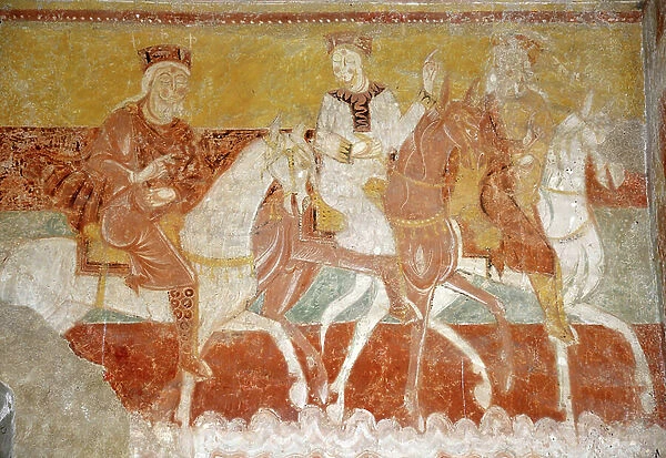 The Wise Men. Romanesque art: Fresco of the choir of the church Saint Aignan (11th and 12th century) in Brinay, Cher (18120), Centre, France