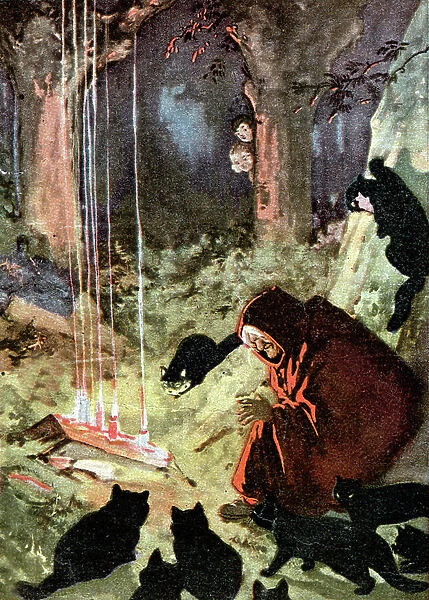 Witch with her black cats, c.1910 (illustration)