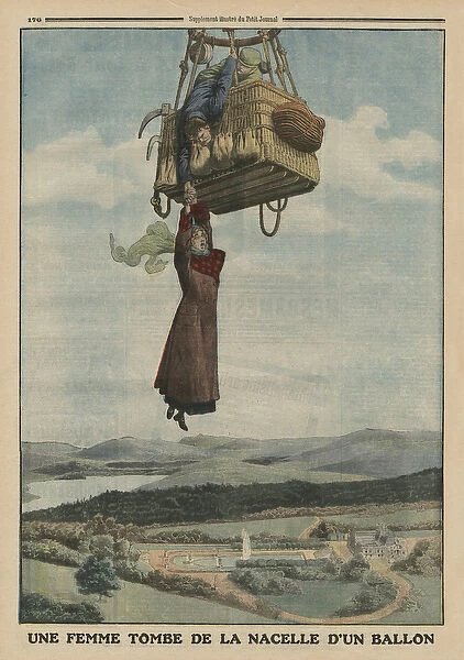 A woman falling down from the gondola of a balloon, back cover illustration