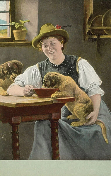 Woman feeds puppies (colour litho)