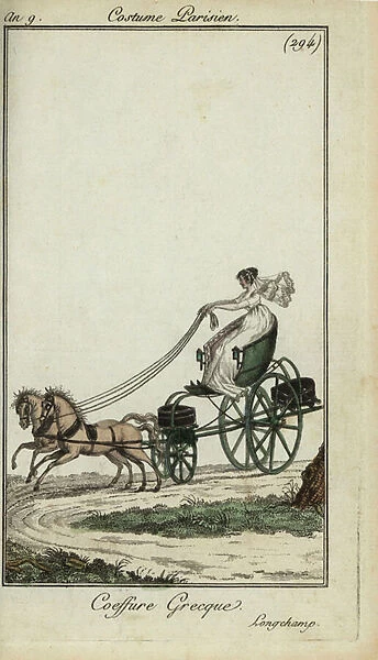 Woman in a Greek hairstyle driving a carriage at Longchamp, 1801 (handcoloured copperplate engraving)
